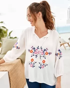 Image of Cotton Traders Womens Embroidered ¾ Sleeve Crinkle Blouse in White