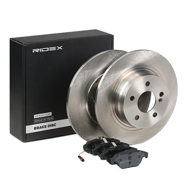 Image of RIDEX 3405B1662 Brake disc and pads set Rear Axle, Brake Disc Type: Solid, incl. wear warning contact, with piston clip Brake Set,disc brakes (3405)