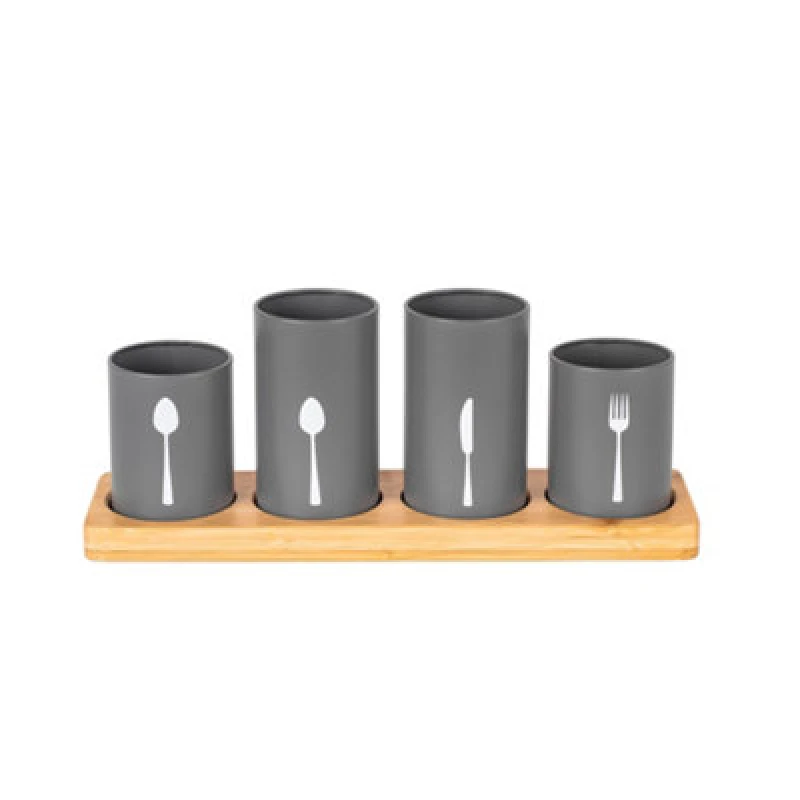 Image of Innoteck Essentials 4Pcs Kitchen Cutlery Holder Set With Bamboo Stand - Grey
