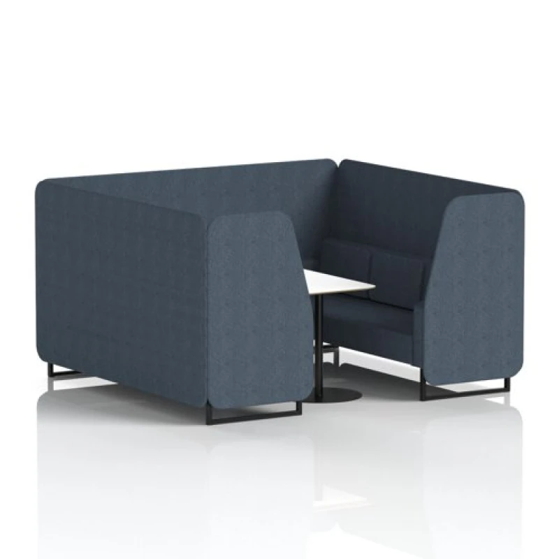 Image of Brixworth 6 Seater Office Booth with Front Panel - Black Legs and White Table with Black Leg in Rivet Fabric - Crucible Panels and Sofa