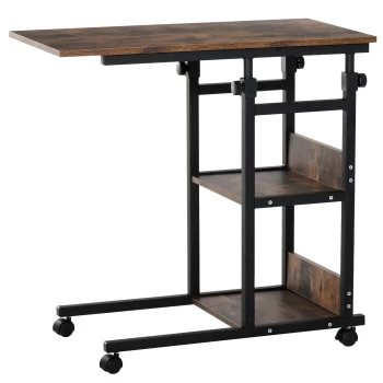 image of HOMCOM C-Shaped Side Table Industrial Mobile Rolling End Desk with 3-Tier Storage Shelving, Adjustable Height, Wheels AOSOM UK