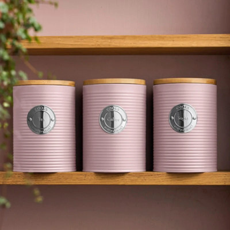Image of Cooks Professional 3 Piece Tea, Coffee & Sugar Ribbed Canister Set With Bamboo Lids - Kitchen Storage Bins - Pink & Silver