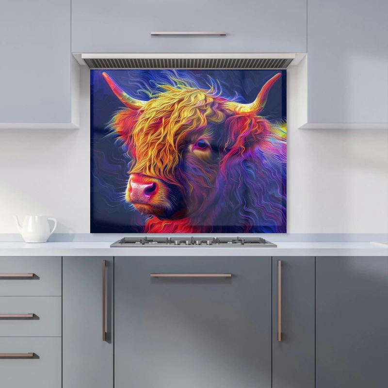 Image of Warren Reed - Designer Vibrant Highland Cow Kitchen Splashback Size: 600mm x 750mm Multicolor Unisex 600mm x 750mm