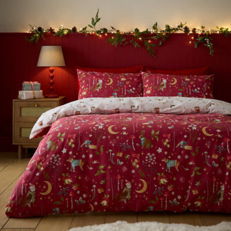 Image of Catherine Lansfield Christmas Enchanted Twilight Reversible Double Duvet Cover Set With Pillowcases Red