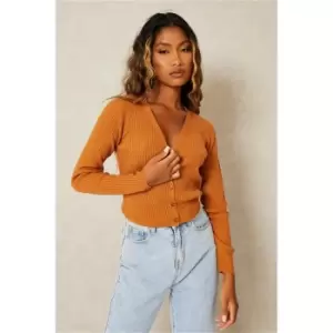Image of I Saw It First Camel Fitted Button Through Knitted Cardigan - Brown