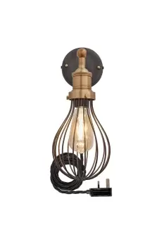 image of Brooklyn Balloon Cage Wall Light, 6 Inch, Pewter, Brass Holder With Plug