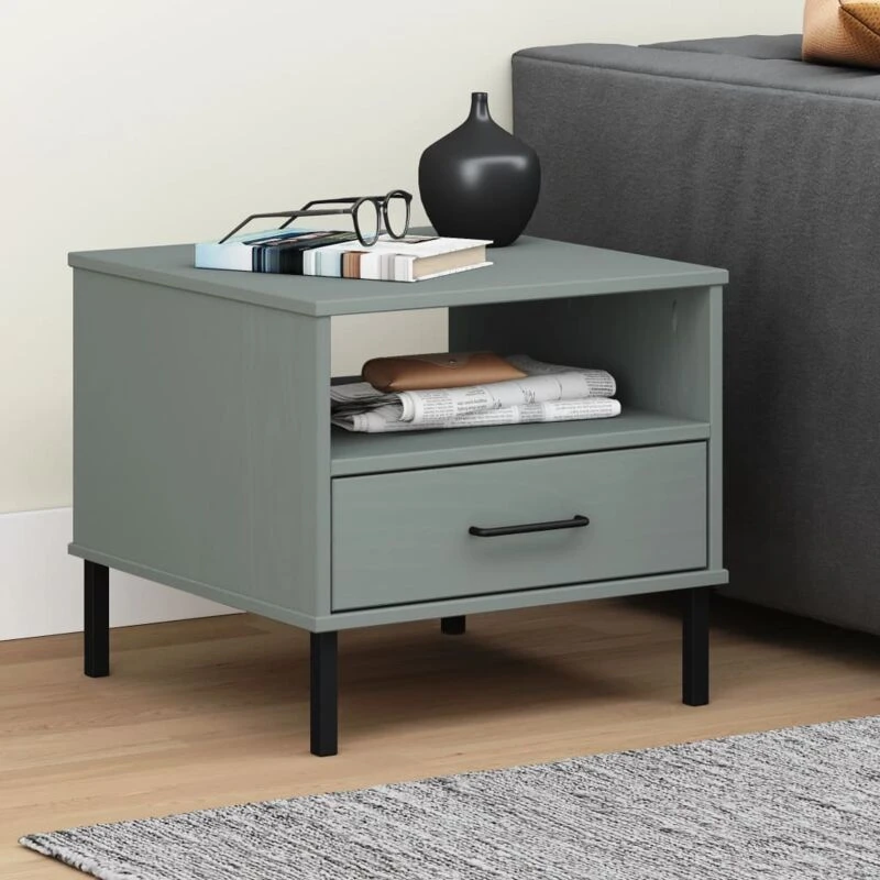 Image of Vidaxl Bedside Table With Metal Legs Grey Solid Wood Pine Oslo, Grey 351031