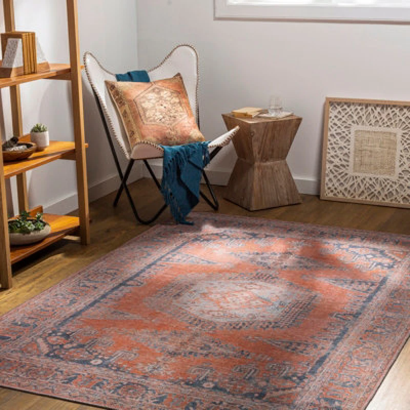 Image of Livabliss Colin-Washable Orange Blue Brown Traditionnal Vintage Boho Living Dining Rug 160 X 220 Cm Easy Care, Non Shedding