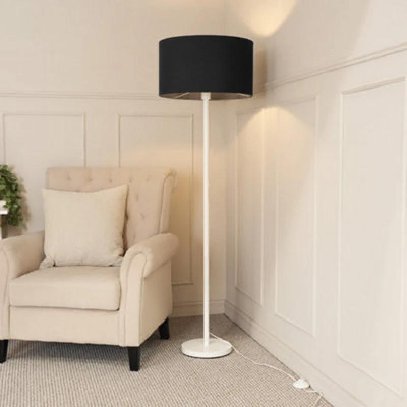 Image of ValueLights Charlie White Metal Single Stem Floor Lamp with Fabric Drum Lamp Shade Black