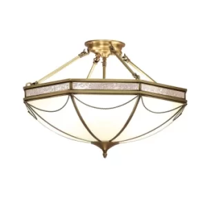 image of Russell 3 Light Semi Flush Ceiling Light Antique Brass, Frosted Glass, E27