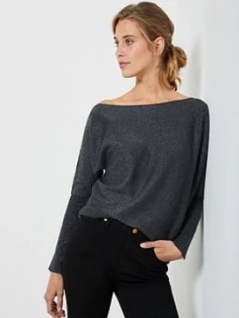 image of Mint Velvet Metallic Batwing Off The Shoulder Jumper - Charcoal, Size XS, Women