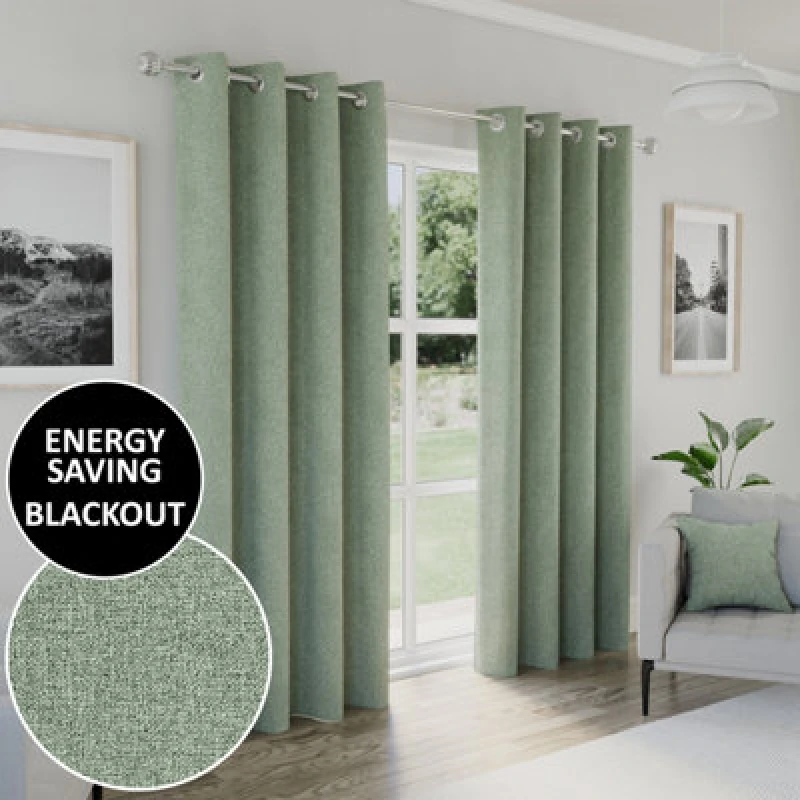 Image of Enhanced Living Austin 100% Blackout, Thermal Green Curtains With Eyelet Header (Pair) - 66X72 Inch (168X183Cm)