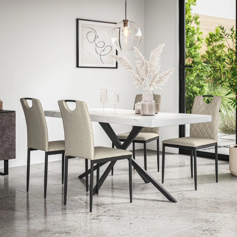 Image of More4Homes Donni Dining Table And Chairs - White Marble Effect Table Top W Black Legs + Monza Linen Dining Chair Set Of 4 (Beige)