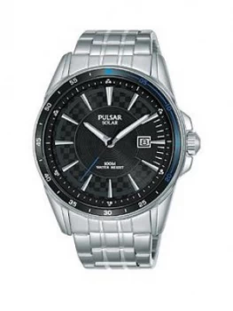 image of Pulsar Pulsar Solar Accelerator Black Date Dial Stainless Steel Bracelet Mens Watch