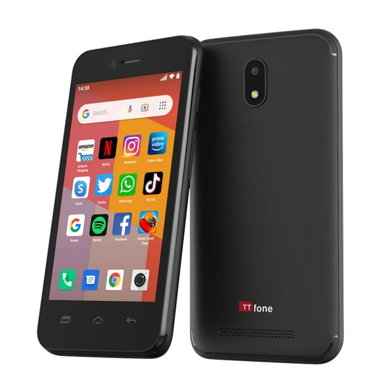 Image of TTfone TTfone Black TT20 Dual SIM: High-Tech Smartphone + Mains Charger & Giff Gaff Pay As You Go Sim Card