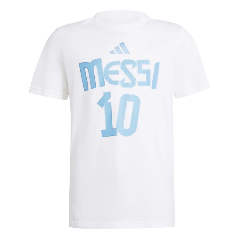 Image of adidas Messi Name and Number Graphic Tee Kids White male 9-10 Years