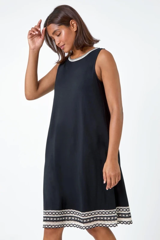Image of Roman Embroidered Trim Stretch Jersey Shift Dress Black