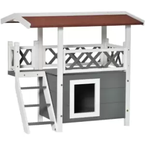 Image of PawHut Luxury Deluxe Wooden Cat Kitten House w/ Room Balcony Ladder Roof White
