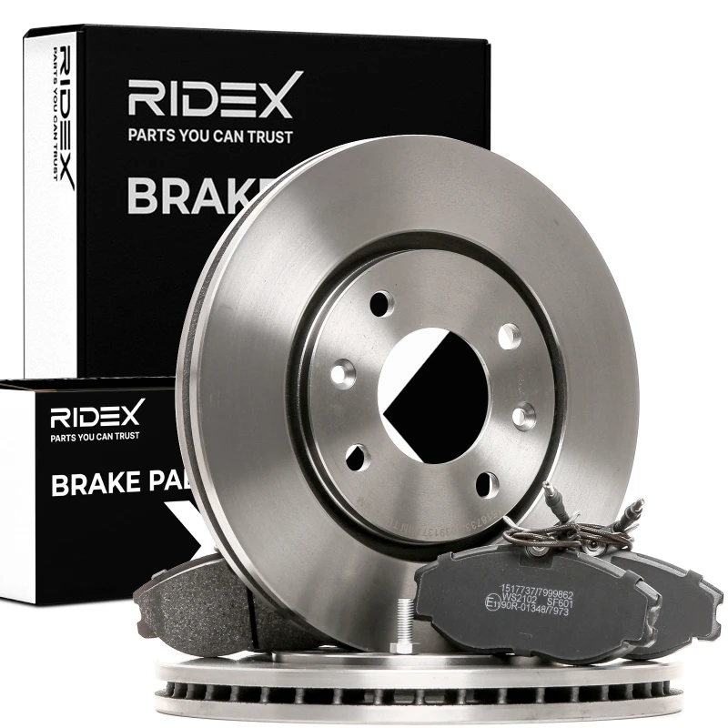 Image of RIDEX 3405B0449 Brake disc and pads set Front Axle, Brake Disc Type: Vented, incl. wear warning contact Brake Set,disc brakes (3405)