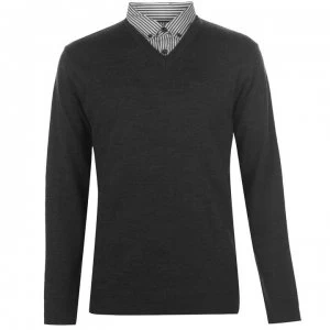 Image of Pierre Cardin Mock V Neck Knit Jumper Mens - Charcoal Marl