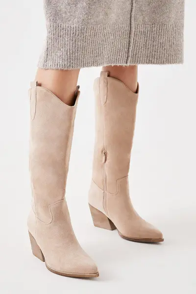 image of Dorothy Perkins Kacey Clean Knee High Western Boots Beige