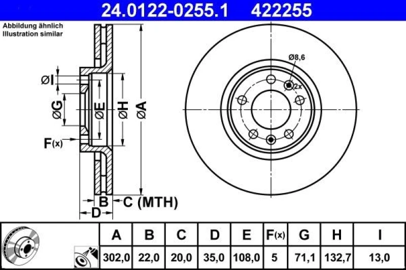 Image of ATE 24.0122-0255.1 Brake disc Vented, Coated Brake Disc (82)