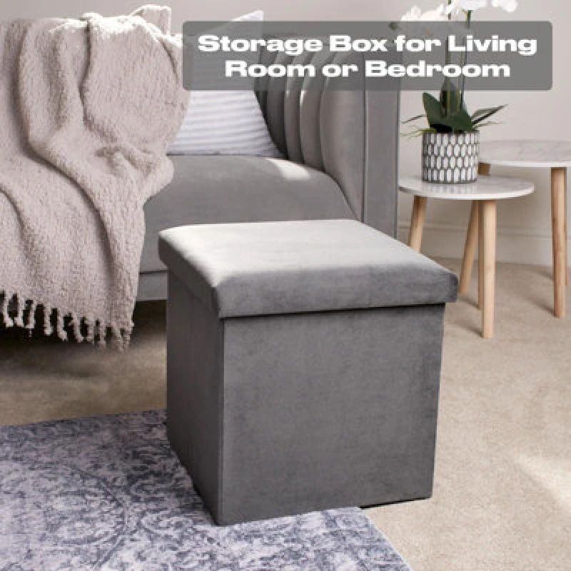 Image of OHS OHS Folding Ottoman Storage Box Footstool Tub Space Saving Velvet Seat in Charcoal Charcoal One Size Unisex 5027434165964