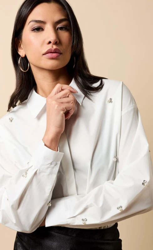 Image of Little Mistress Womens White Embelished Shirt Size: Large White Female L
