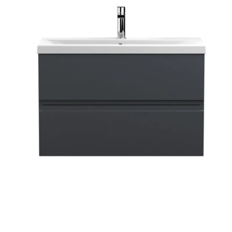 Image of Nuie Hudson Reed Urban Wall Hung 2 Drawer Vanity Unit With Mid-Edge Ceramic Basin, Modern Bathroom Furniture In Soft Black, 800mm