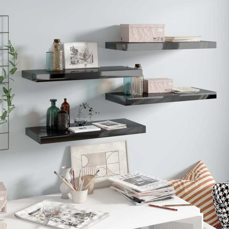 Image of VIDAXL Floating Wall Shelves 4 pcs High Gloss Black 60x23.5x3.8cm mdf Vidaxl 8720286074022
