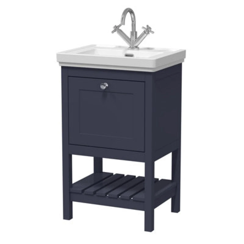Image of Nuie Old London Bexley Floor Standing 1 Drawer Vanity & 1 Tap Hole Fireclay Basin, Stylish Vanity Unit With Basin, Indigo Blue, 500mm