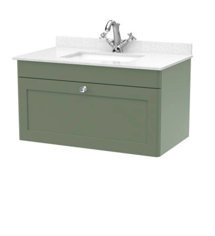 Image of nuie 800mm Wall Hung 1 Drawer Vanity & Marble Top 1TH - Satin Green CLC896WS1