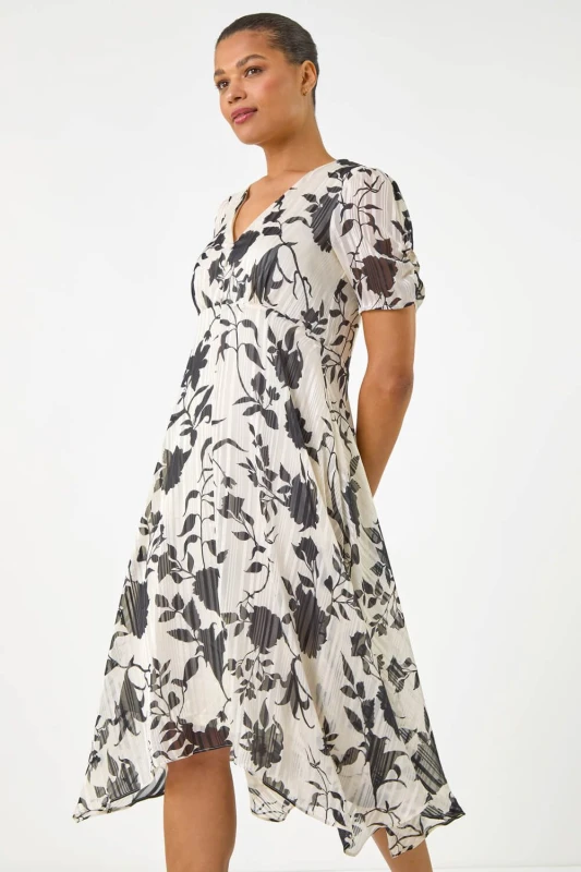 Image of Roman Womens Floral Print Hanky Hem Midi Dress in White Size: 20 White Female 20