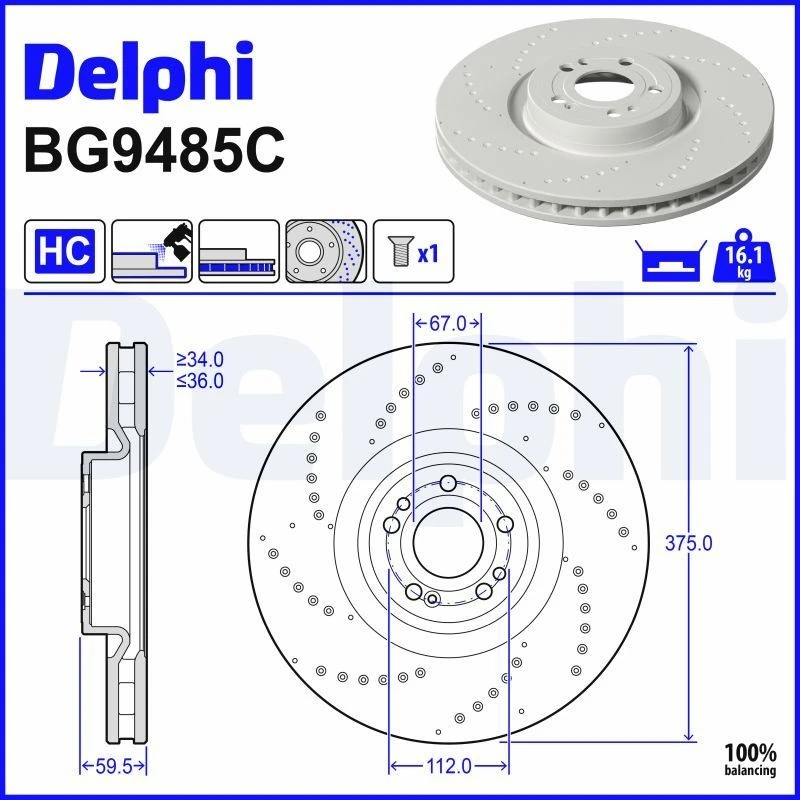 Image of DELPHI Brake disc DELPHI BG9485C