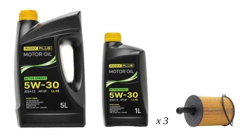 Image of RIDEX PLUS 100908O0109P Oil change kit (oil filter + engine oil) Oil change kit (oil filter + engine oil) (100908)
