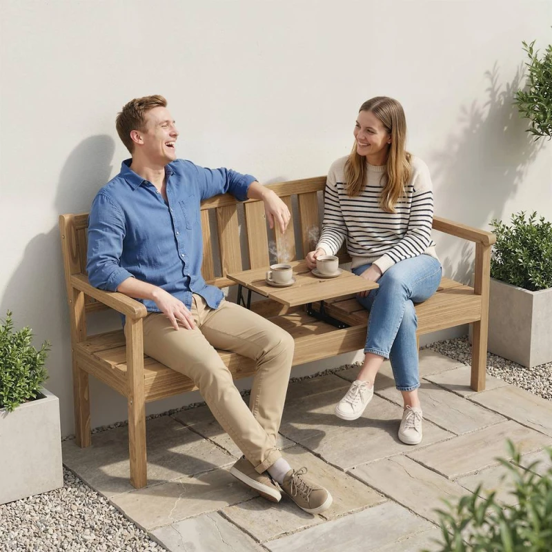 Image of OUTSUNNY Wooden Garden Bench with Table & Hidden Shelf, Teak in Natural Natural Unisex