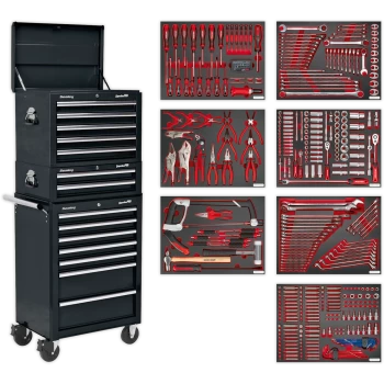 image of Sealey Superline Pro 14 Drawer Roller Cabinet, Mid and Top Tool Chests + 446 Piece Tool Kit Black