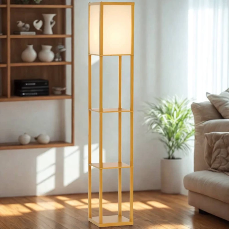 Image of FURNOS Modern Dimmable Floor Lamp For Living Room With 3 Shelves Beech Wood in Brown Brown Unisex