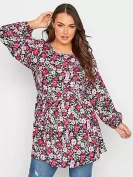 Image of Yours Balloon Sleeve Top Multi Floral, Pink, Size 16, Women