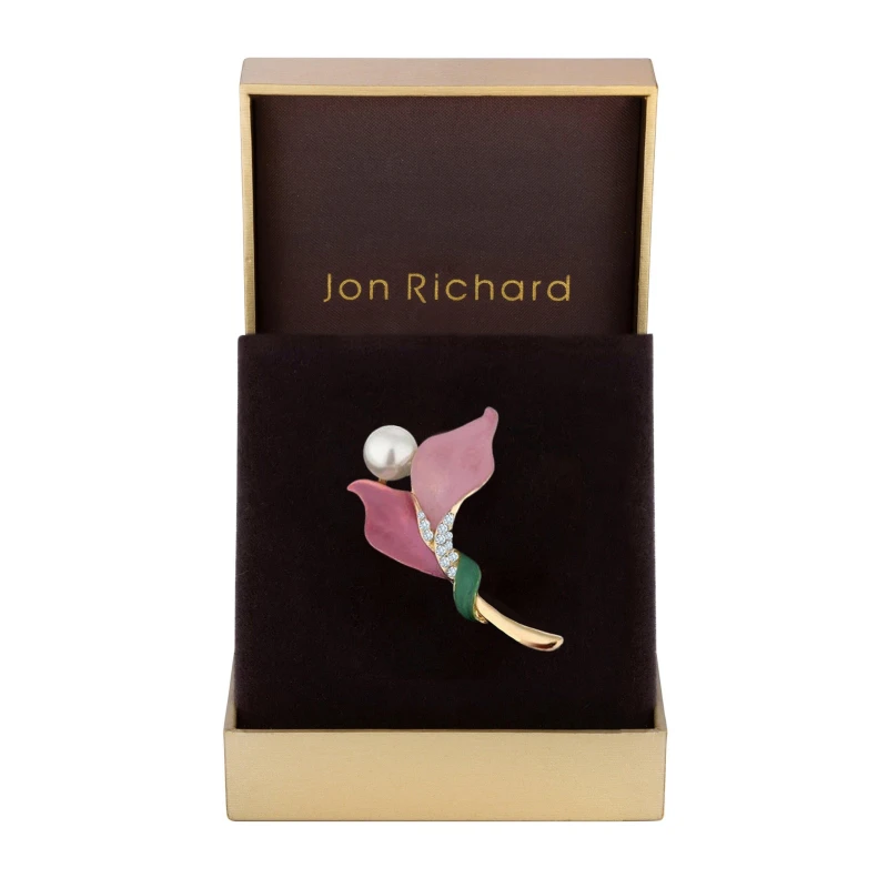 Image of Jon Richard Gold Plated Pink Enamel Floral Brooch - Gift Boxed Gold