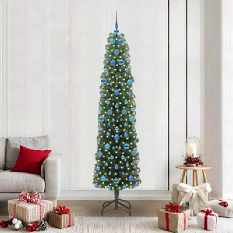 Image of vidaXL Artificial Christmas Tree with 300 LEDs, Blue Balls with Stand Green 210 cm, Green 3394963