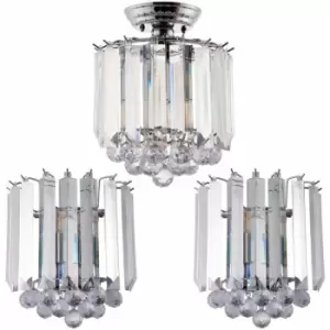 Image of Loops - 2 Lamp Ceiling 2x Matching Twin Wall Light Pack Semi Flush Chrome Acrylic Shade