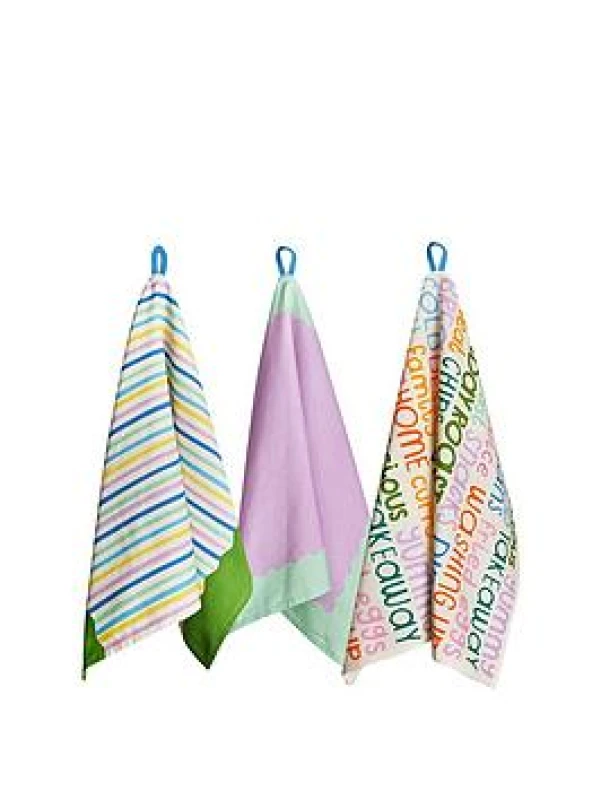 Image of Raspberry Blossom Set of 3 Cotton Printed Tea Towels with Hanging Loop Multi unisex