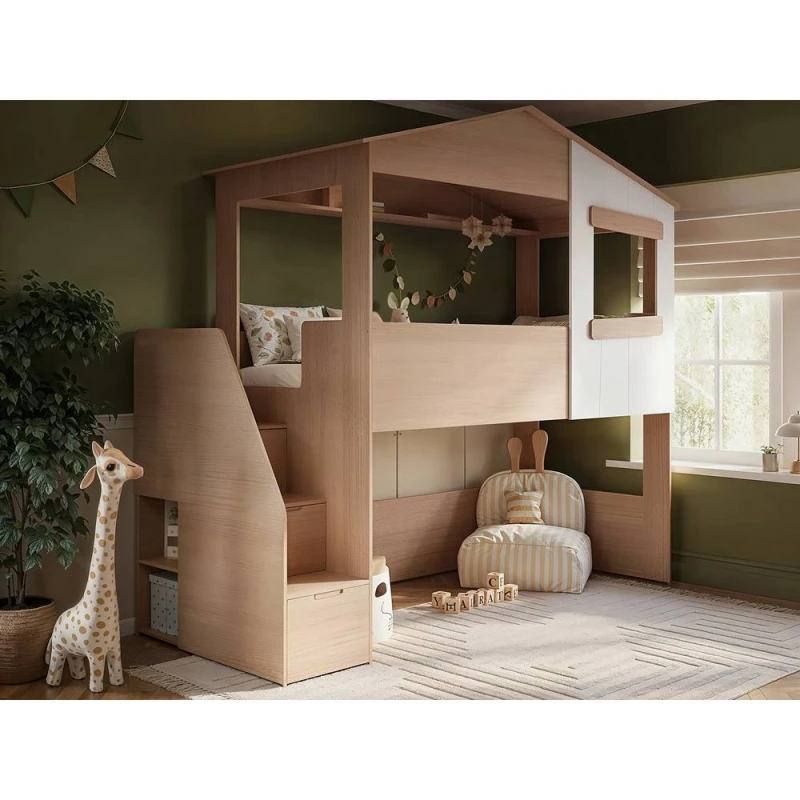 Image of Flair Dreamland House Staircase Midsleeper in Light Oak Size: Single Light Oak Unisex Single