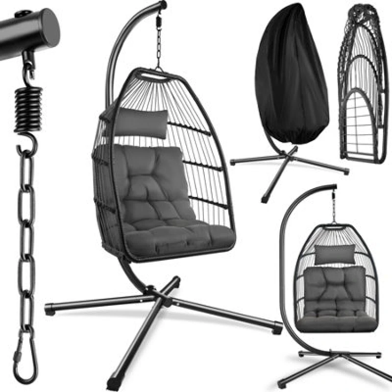 Image of Tectake Egg Chair Ariane - Swing Seat With Frame, Thick Cushions, Protective Cover - Dark Grey - 1