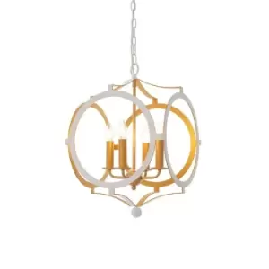 image of Matt White & Gold Ceiling Pendant Light - 4 Bulb Hanging Circular Frame Fitting