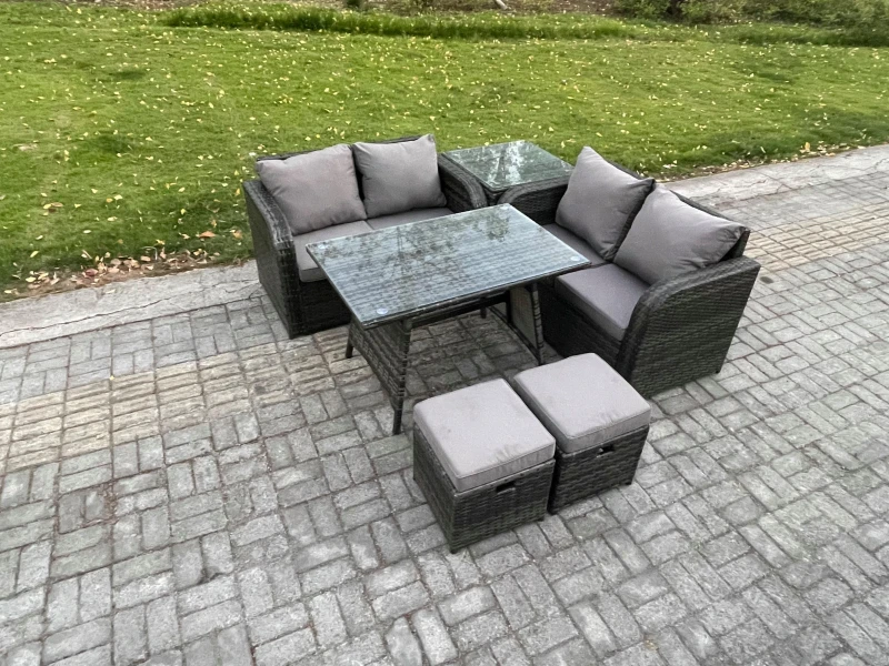 Image of Fimous Outdoor Garden Furniture Sets 6 Pieces Wicker Rattan Furniture Sofa Sets with Rectangular Dining Table Dark Grey