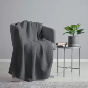 Image of Belledorm - Waffle Weave 100% Cotton Knitted Throw, Charcoal, 150 x 200 Cm