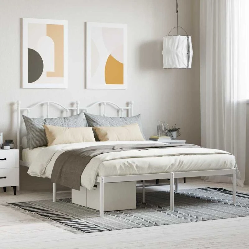 Image of Vidaxl Metal Bed Frame Without Mattress With Headboard White 140X190 Cm, White 353488