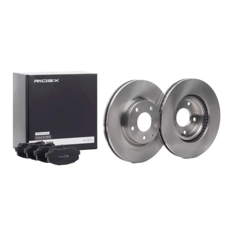 Image of RIDEX 3405B1411 Brake disc and pads set Front Axle, Brake Disc Type: internally vented, with acoustic wear warning Brake Set,disc brakes (3405)